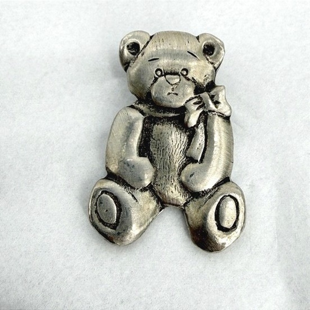 Teddy Bear Lapel Pin Brooch Silver Tone Animal Whimsical Cute Core